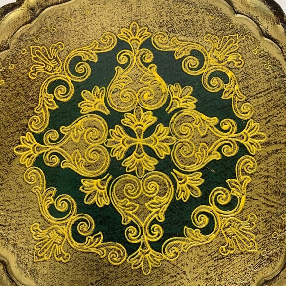 Italian Florentine Tole Green Gold Gilt Round Wood Pedestal Tray Server - Picture 4 of 7